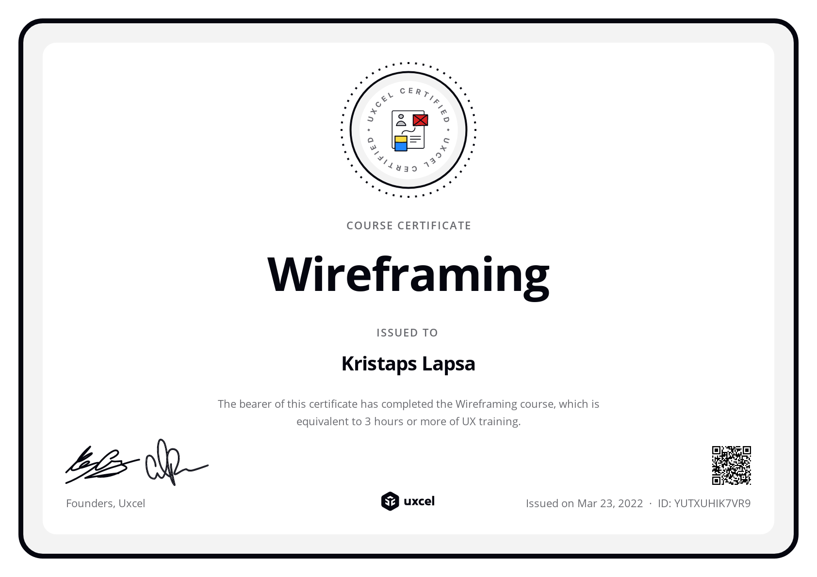 Kristaps Lapsa's certificate